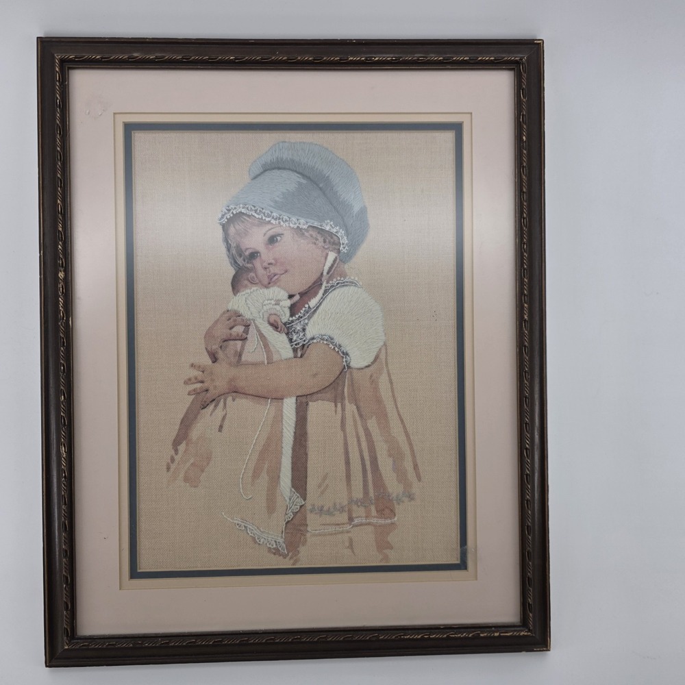 Vtg Finished & Framed Jan Hagara Betsy Crewel Embroidery Art (1979) Cottagecore